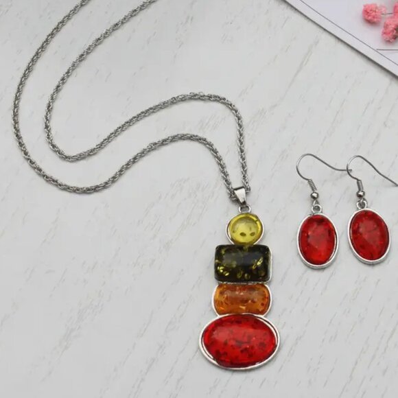 NEW Multicolor amber resin silvertone necklace and earring set - Picture 5 of 6